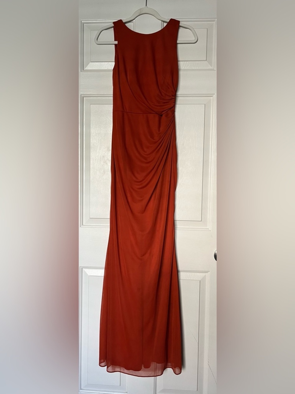 David's Bridal Rust-Colored Sleeveless Ruched Maxi Gown